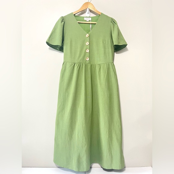Emily & Me Dresses & Skirts - Emily & Me Midi Dress Khaki Green Cotton
V-Neck Size 8 Bohemian Cottagecore